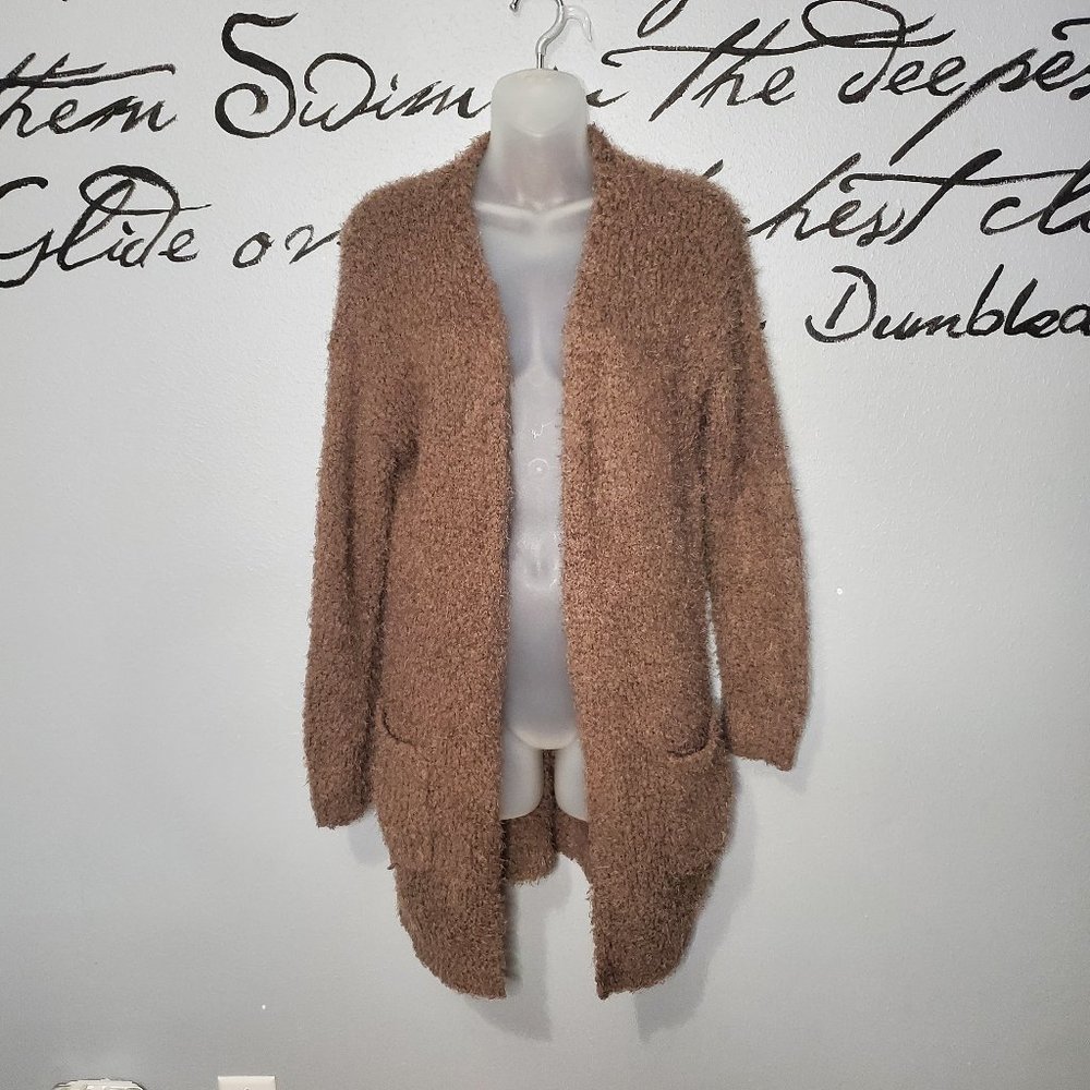 Love Tree Boucle Popcorn Long Open Front Cardigan with Front Pockets, M